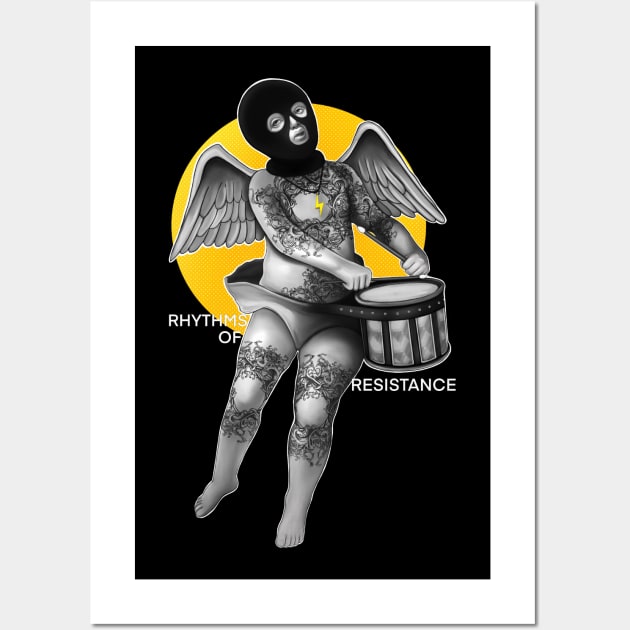 Tattoed riot angel with drum Rhythms of resistance Wall Art by Meakm